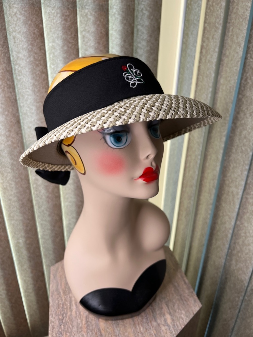 Kate Lord Wide Brim Straw Visor Hat with Black Band w/Bow Size S-M